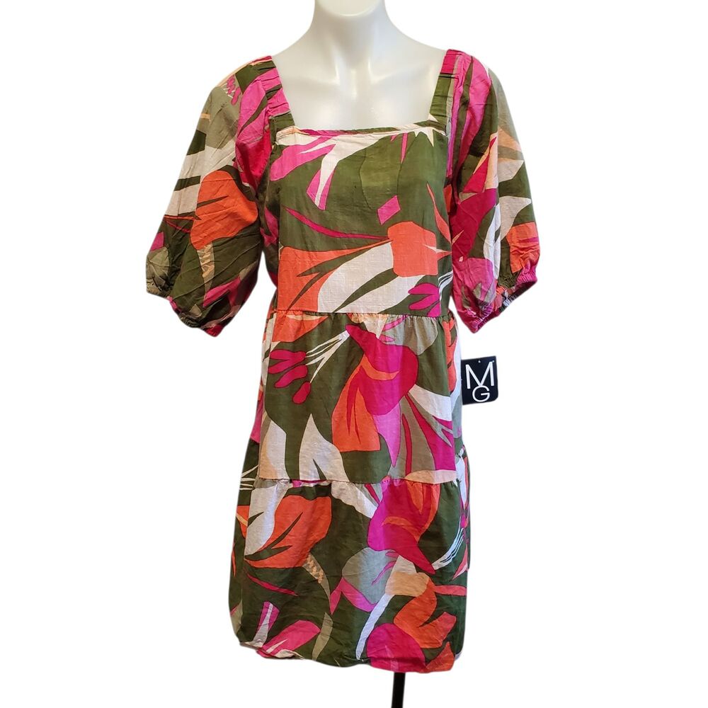 Mlle Gabrielle Floral Mini Dress 1X NWT Boho Tropical Puff Sleeve Smocked Cotton